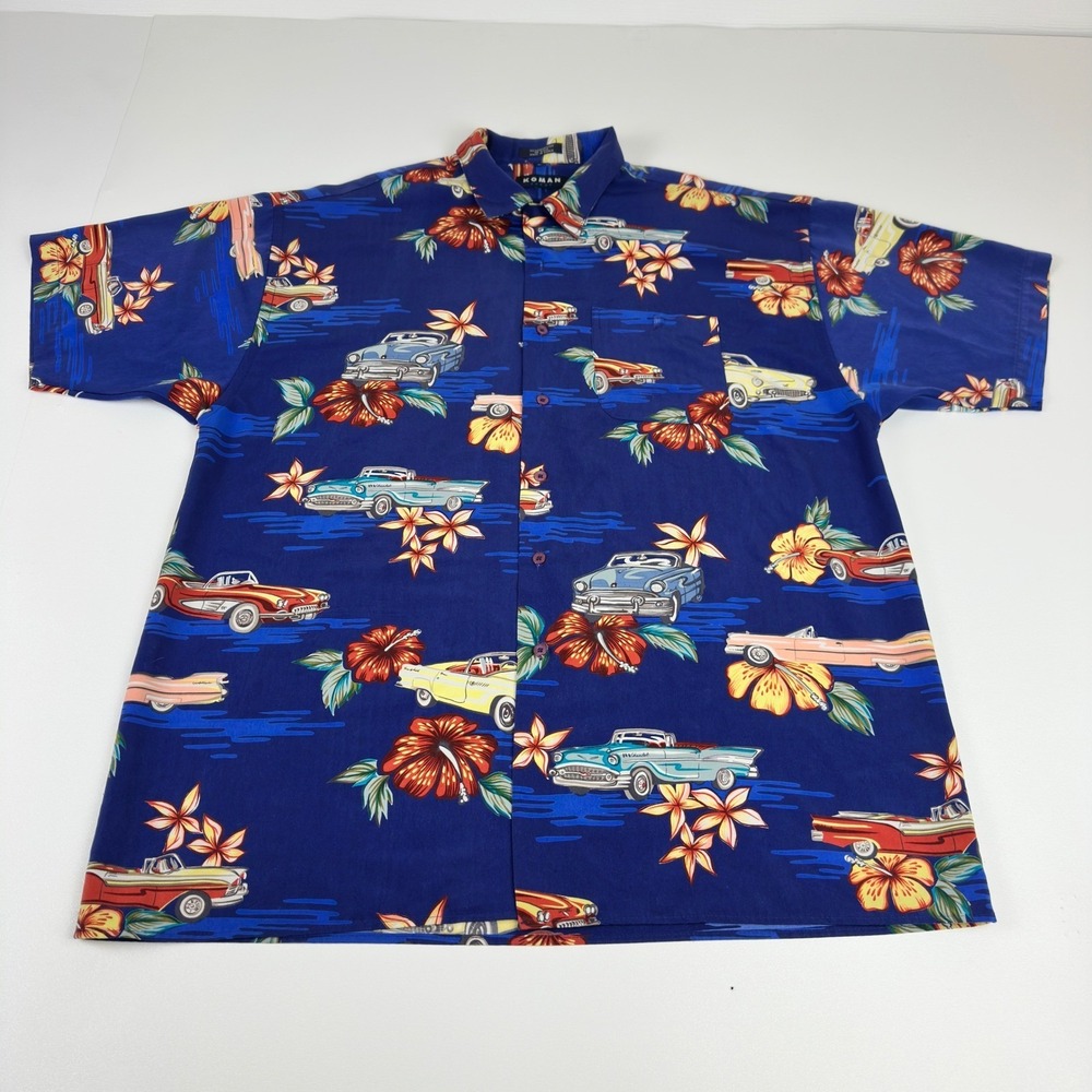 Koman Sport Mens Large Blue Hawaiian Shirt Vintage Classic Cars Hibiscus Print